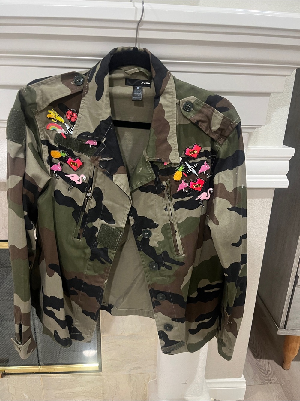 Aqua Olive & Brown Camo Utility Jacket with Pink Patch Details